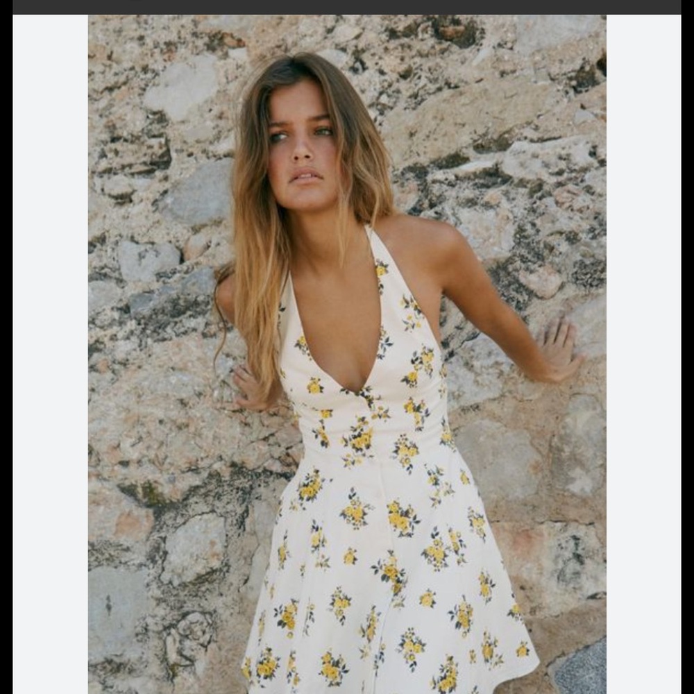 Zara White Halter Mini Dress with Yellow Floral Print